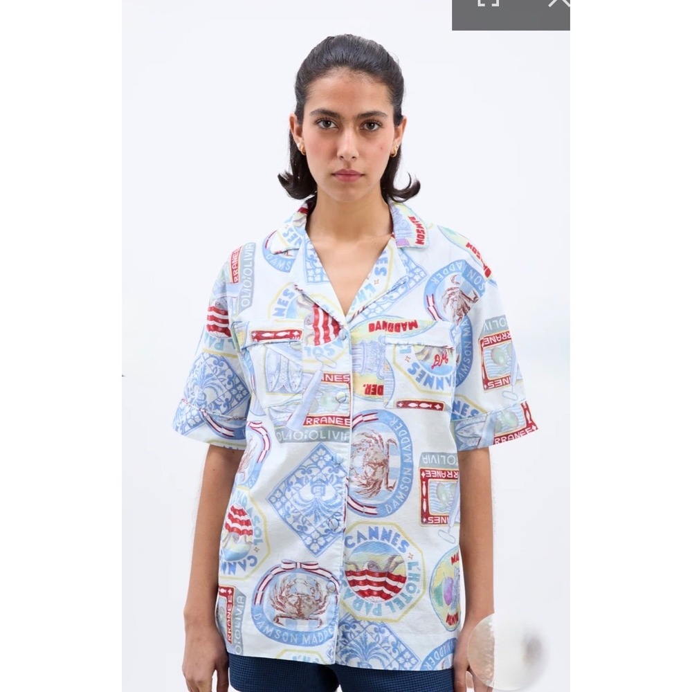 NWT Damson Madder Chlo Holiday Print Shirt US 10 Organic Cotton Linen Resort Top - Picture 2 of 15